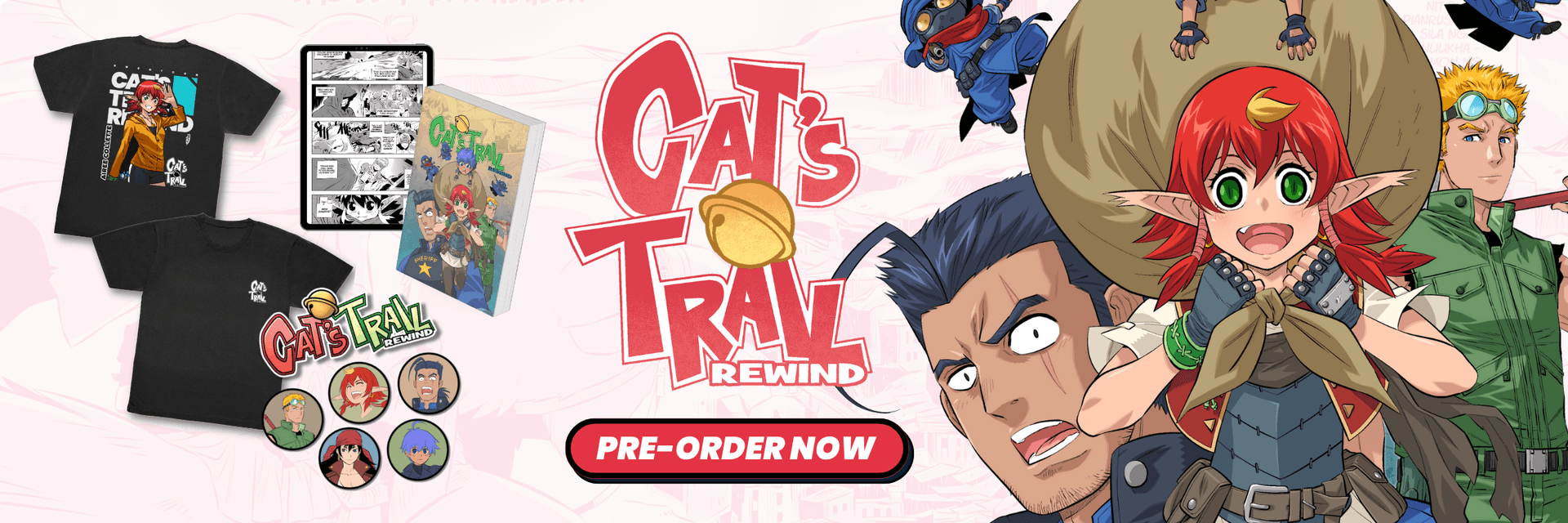 Cat's Trail Rewind preorder banner with characters and merch