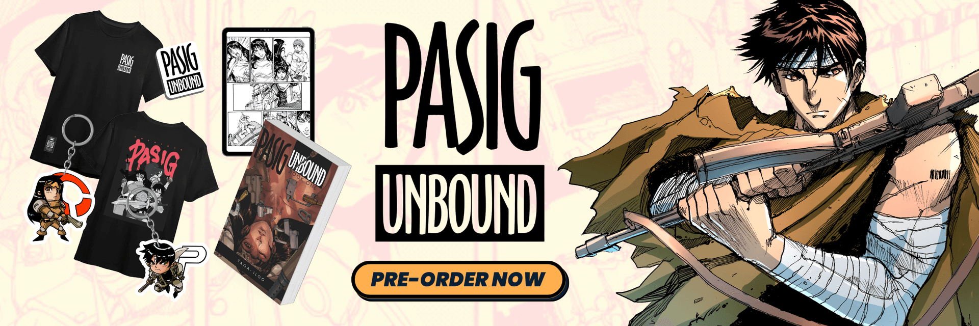 Pasig Unbound preorder banner with characters and merch